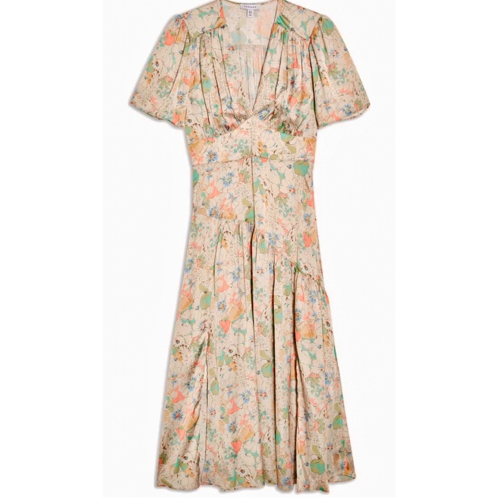 Topshop Willow Floral Angel Sleeve Satin Midi Dress Size 8 - Picture 5 of 14